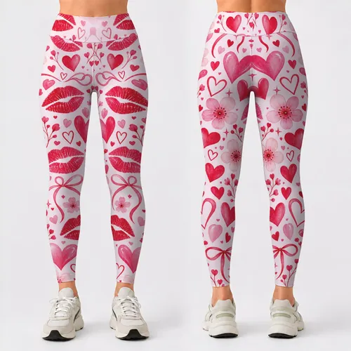 Pink Lips And Heart Motifs For Yoga, Pilates, And Everyday Romantic Style Leggings