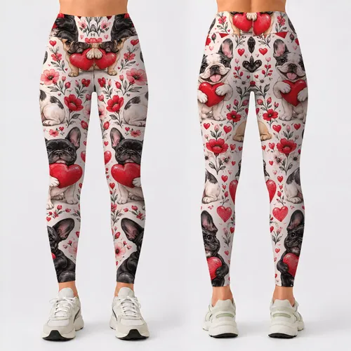French Bulldog Heart Motifs for Sweet Studio-to-Street Style and Everyday Active Living Leggings