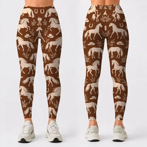 Ivory Horse And Horseshoe Motifs For Equestrian Yoga And Everyday Wear Leggings