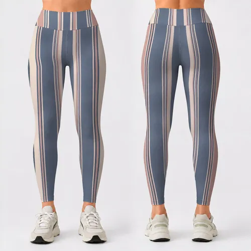 Slate Blue Vertical Stripes With Rose Pinlines For Yoga, Pilates And Daily Wear Style Leggings