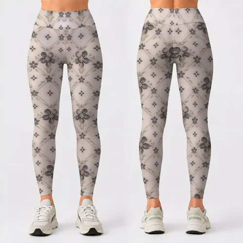 Ivory Charcoal Diamond Florals for Yoga Pilates and Everyday Outings Leggings