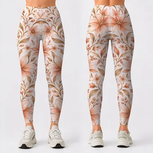 Copper Line-Art Flowers for Yoga, Pilates and Relaxed Everyday Studio-to-Street Style Leggings