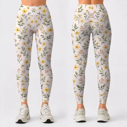 Ivory Ditsy Florals and Fresh Botanical Sprigs for Yoga, Pilates, and Everyday Errands Leggings