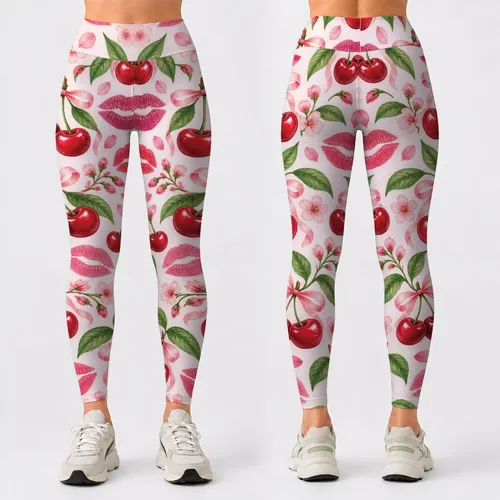 Cherry and Lipstick Kiss Motifs for Yoga, Pilates and Sweet Weekend Casual Style Leggings