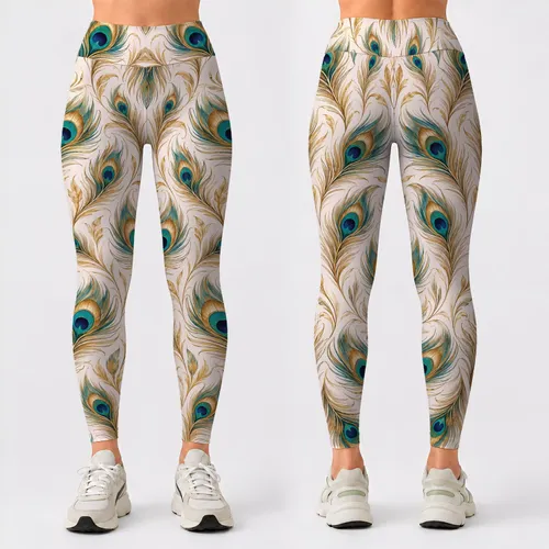 Ivory Peacock Feathers for Yoga, Pilates, and Everyday Activewear Style Leggings