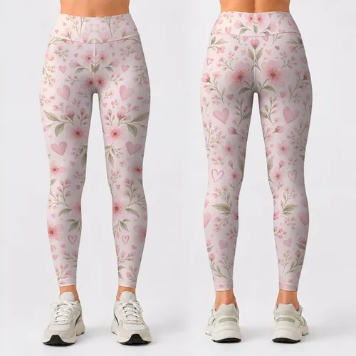 Soft Pink Hearts And Tiny Blossoms For Yoga, Pilates, And Relaxed Everyday Style Leggings