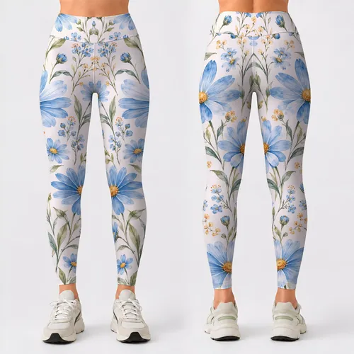 Blue Daisy Wildflowers for Yoga, Pilates, and Fresh Everyday Spring Style Leggings