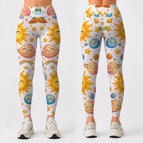 Cute Space Suns, Planets And UFOs For Yoga, Pilates, Travel And Everyday Cosmic Style Leggings