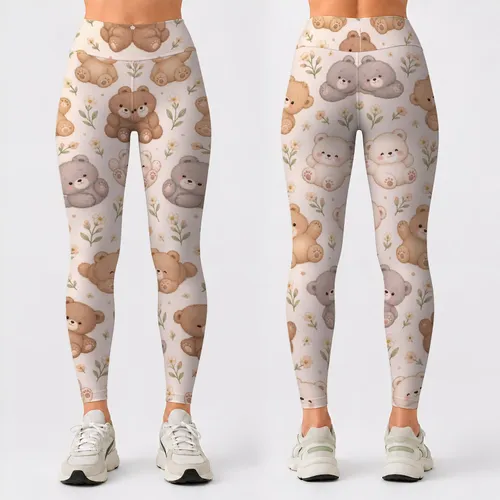 Tiny Teddy Bear And Woodland Cub Motifs For Cozy Yoga And Everyday Wear Leggings