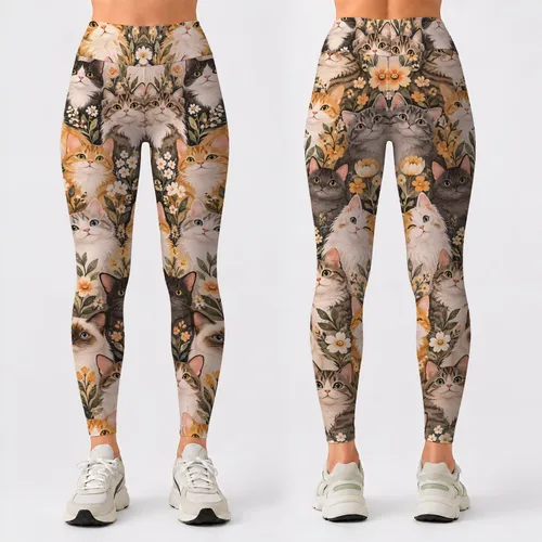 Cute Cat Faces in Warm Neutrals for Yoga, Pilates and Everyday Casual Weekend Style Leggings
