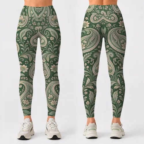 Sage Green Paisley Motifs for Yoga, Pilates, and Everyday Bohemian Lifestyle Wear Leggings