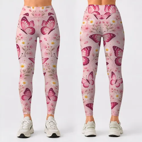 Pink Butterfly And Daisy Motifs For Yoga Pilates And Everyday Spring Style Leggings