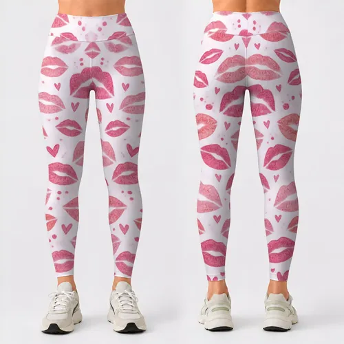 Dusty Rose Lipstick Kiss Motifs for Yoga, Pilates, Studio Days and Everyday Wear Leggings