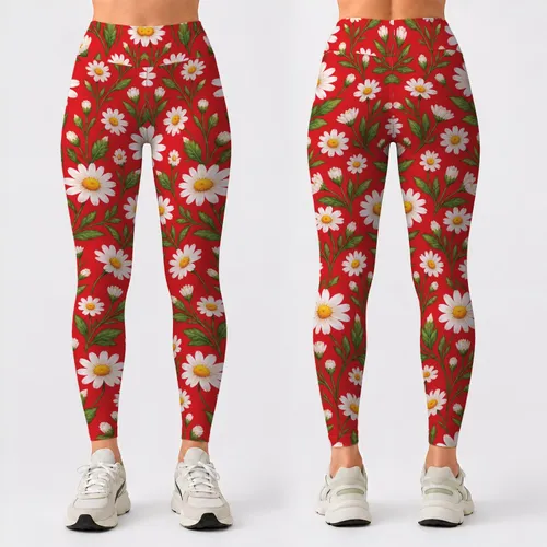 Red Daisy and Green Leaf Florals for Yoga, Pilates, and Everyday Wear Leggings