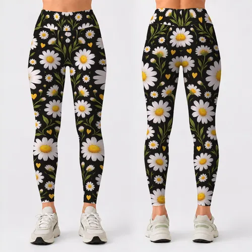 White Daisy and Golden Yellow Blooms for Cheerful Yoga and Everyday Activewear Style Leggings