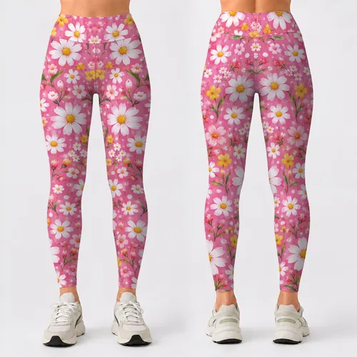 Pink Daisy And Tiny Blossom Motifs For Yoga, Pilates, And Everyday Errands For Women Leggings