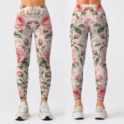 Pink Rose and Sage Vine Motifs for Yoga, Pilates, and Everyday Active Lifestyle Wear Leggings