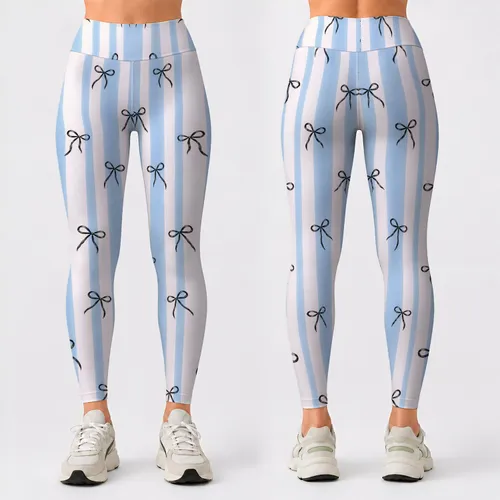 Blue And White Stripes With Black Bows For Pilates, Errands And Everyday Wear Leggings