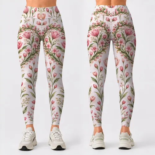 Pink Floral Heart Motif for Yoga, Pilates and Everyday Wellness Sessions for Women Leggings