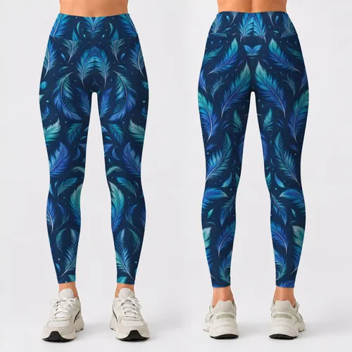 Teal Blue Feather Motifs For Yoga Pilates And Everyday Activewear Leggings