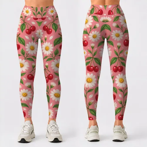 Daisy And Cherry Garden Motifs For Yoga, Pilates And Sunny Everyday Outings Leggings