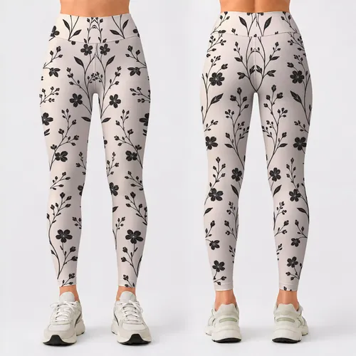 Ivory Black Floral Vine Wildflowers for Yoga Pilates and Everyday Wear Leggings
