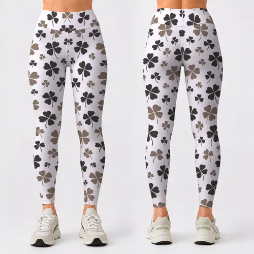 Ivory Four-Leaf Clover Motifs for Yoga, Pilates and Everyday Errands for Active Women Leggings