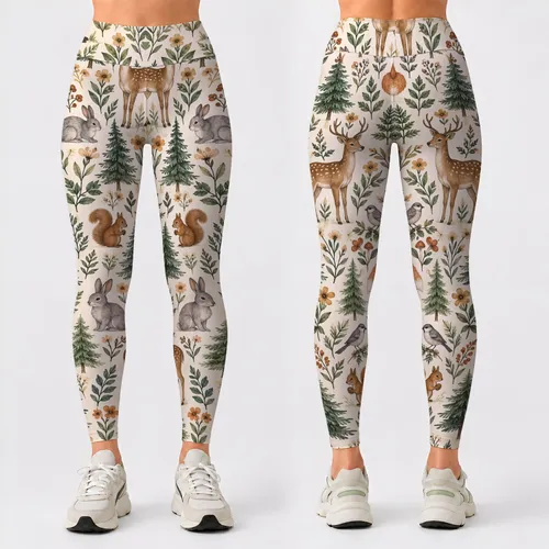 Woodland Fox Rabbit Deer Motifs for Yoga Pilates and Everyday Adventures Leggings