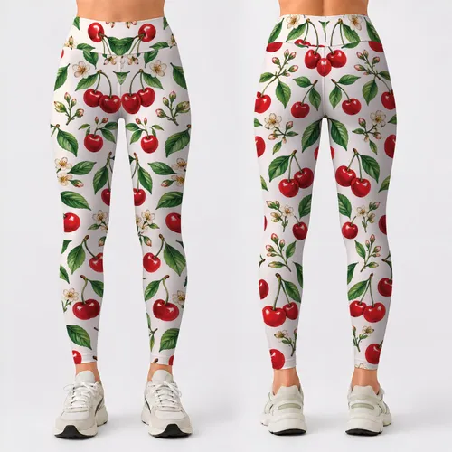 Red Cherry and Green Leaf Motifs for Yoga, Pilates and Everyday Chic Activewear Style Leggings