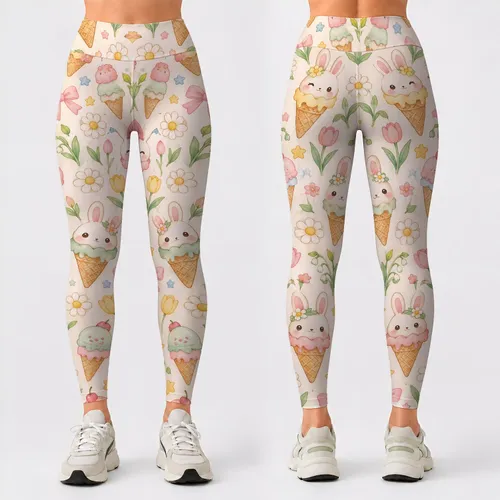 Pastel Bunny, Ice Cream and Daisy Motifs for Cheerful Yoga and Everyday Outings Leggings