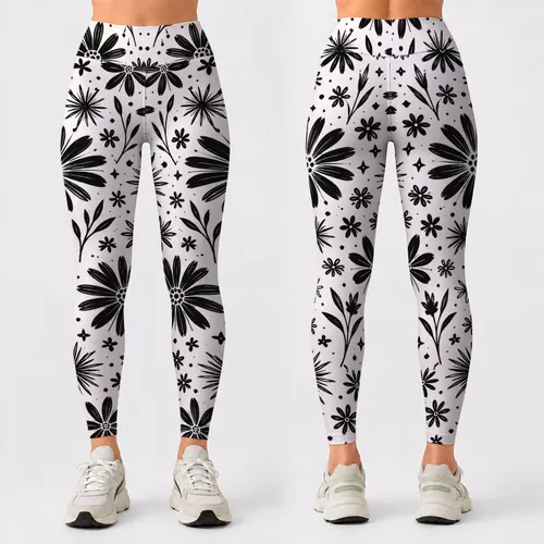 Black Starburst Flowers for Yoga, Pilates, Commuting and Everyday Wear Leggings