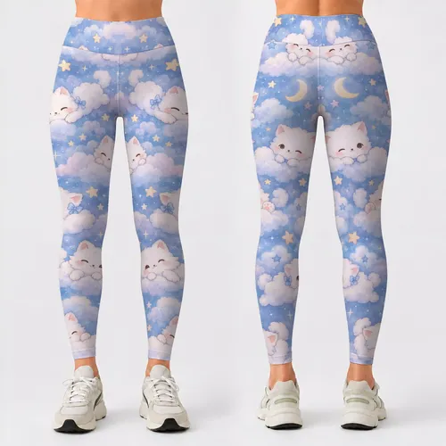Kawaii Kitten Clouds And Stars For Yoga Pilates And Cozy Everyday Style Leggings