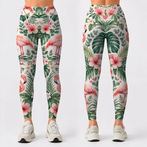 Flamingo And Tropical Leaves For Yoga, Pilates, Travel And Everyday Style Leggings
