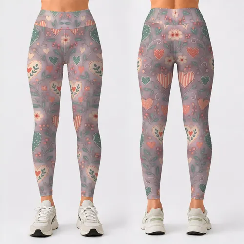 Whimsical Teal And Peach Hearts For Yoga, Pilates, And Everyday Casual Style Wear Leggings
