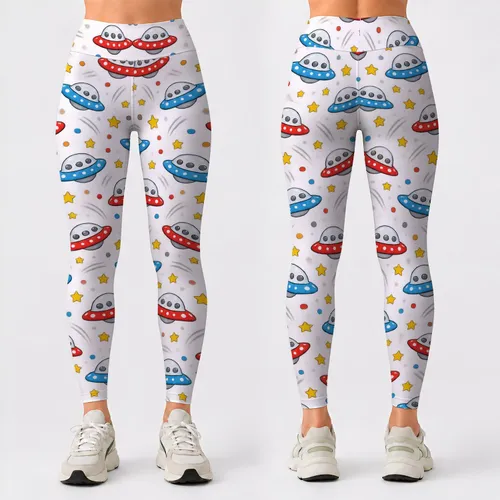 Whimsical Flying Saucer Aircraft for Yoga, Pilates, Travel and Everyday Wear Leggings