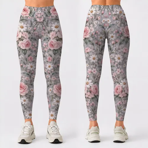 Soft Pink Rose And Daisy Blooms For Studio Workouts And Everyday Activewear For Women Leggings