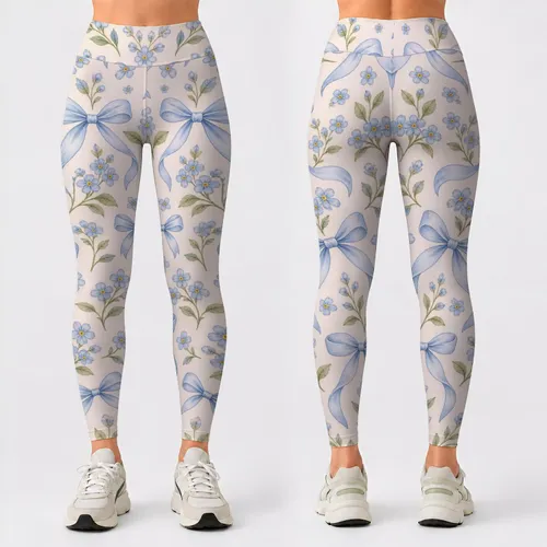 Blue Bow And Tiny Floral Motifs For Yoga Pilates And Spring Everyday Style Leggings