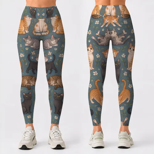 Whimsical Tabby Cats on Teal for Yoga, Running and Everyday Fitness for Cat Lovers Leggings