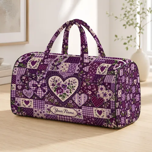 Purple Heart Patchwork Motifs for Romantic Weekend Getaways and Relaxed Travel Style Quilted Weekend Bag