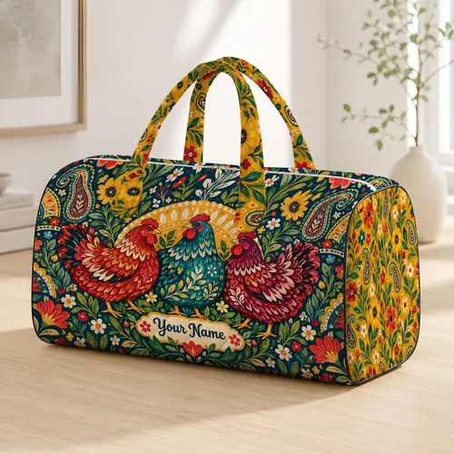 Colorful Folk Art Hens and Wildflowers for Beach Days and Bohemian Getaways Quilted Weekend Bag
