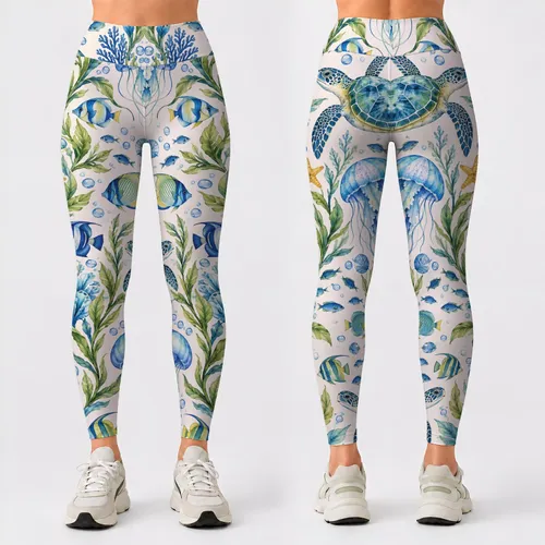 Blue Ocean Fish and Jellyfish for Coastal Yoga, Pilates and Everyday Active Style Leggings