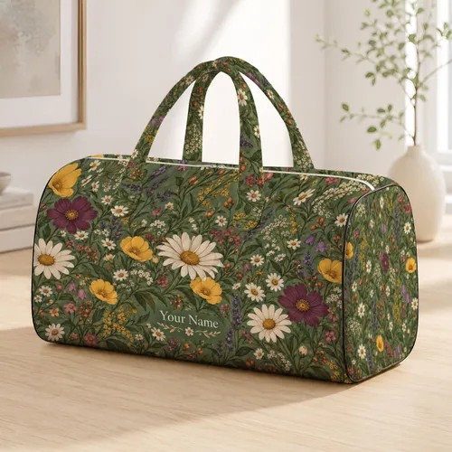 Sage Green Wildflowers for Relaxed Weekend Getaways and Beachside Travel Escapes Quilted Weekend Bag