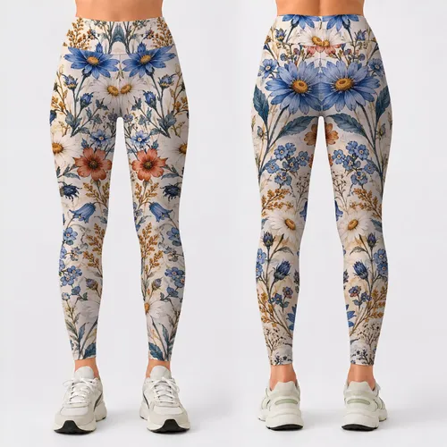 Blue Wildflowers and Botanical Blooms for Yoga, Pilates and Everyday Active Outings Leggings