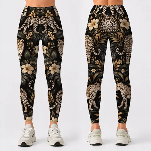 Cream Spotted Wild Cats on Charcoal for Yoga, Running and Everyday Activewear Style Leggings