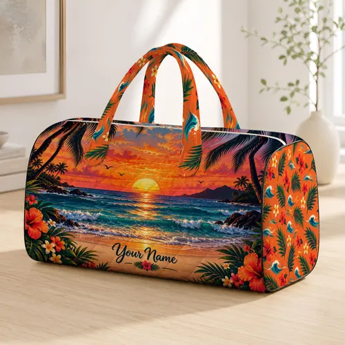 Tropical Sunset Palm Trees and Ocean Waves for Beach Getaways and Summer Travel Lovers Quilted Weekend Bag
