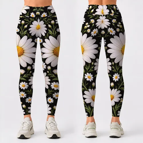 White Daisy Blooms on Charcoal for Yoga, Running and Everyday Activewear Style Leggings