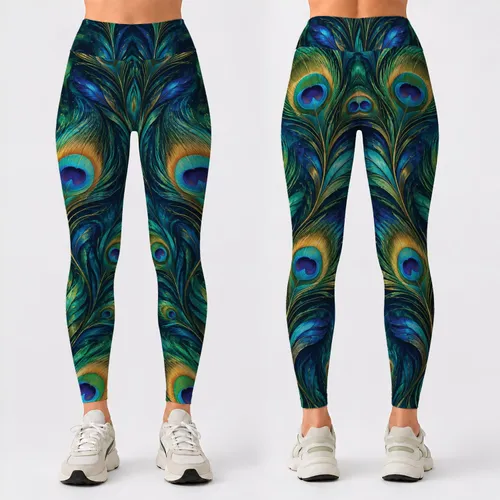 Teal and Emerald Peacock Feather Motifs for Yoga, Pilates and Everyday Wellness Style Leggings