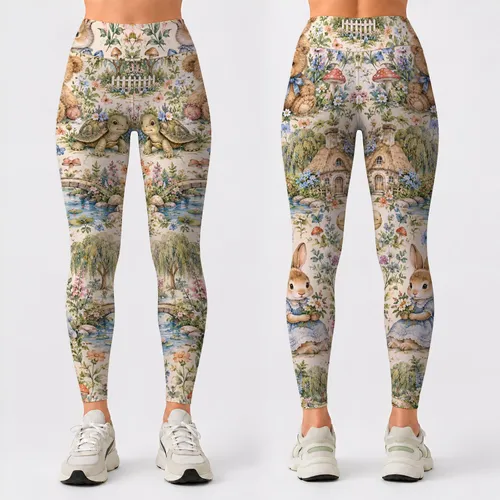 Watercolor Woodland Bunnies, Bears And Turtles For Yoga And Everyday Garden Outings Leggings