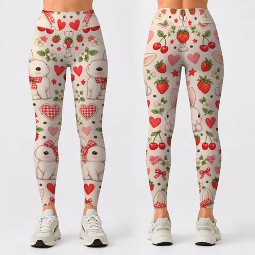 Cute Bunny Hearts And Strawberries For Yoga Pilates And Everyday Wear Leggings