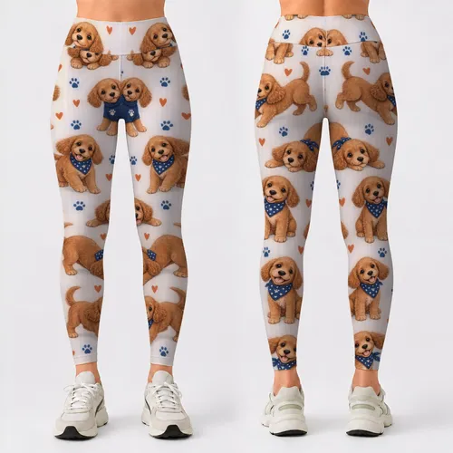 Playful Brown Puppies and Blue Stripes for Yoga, Pilates, and Everyday Wear Leggings